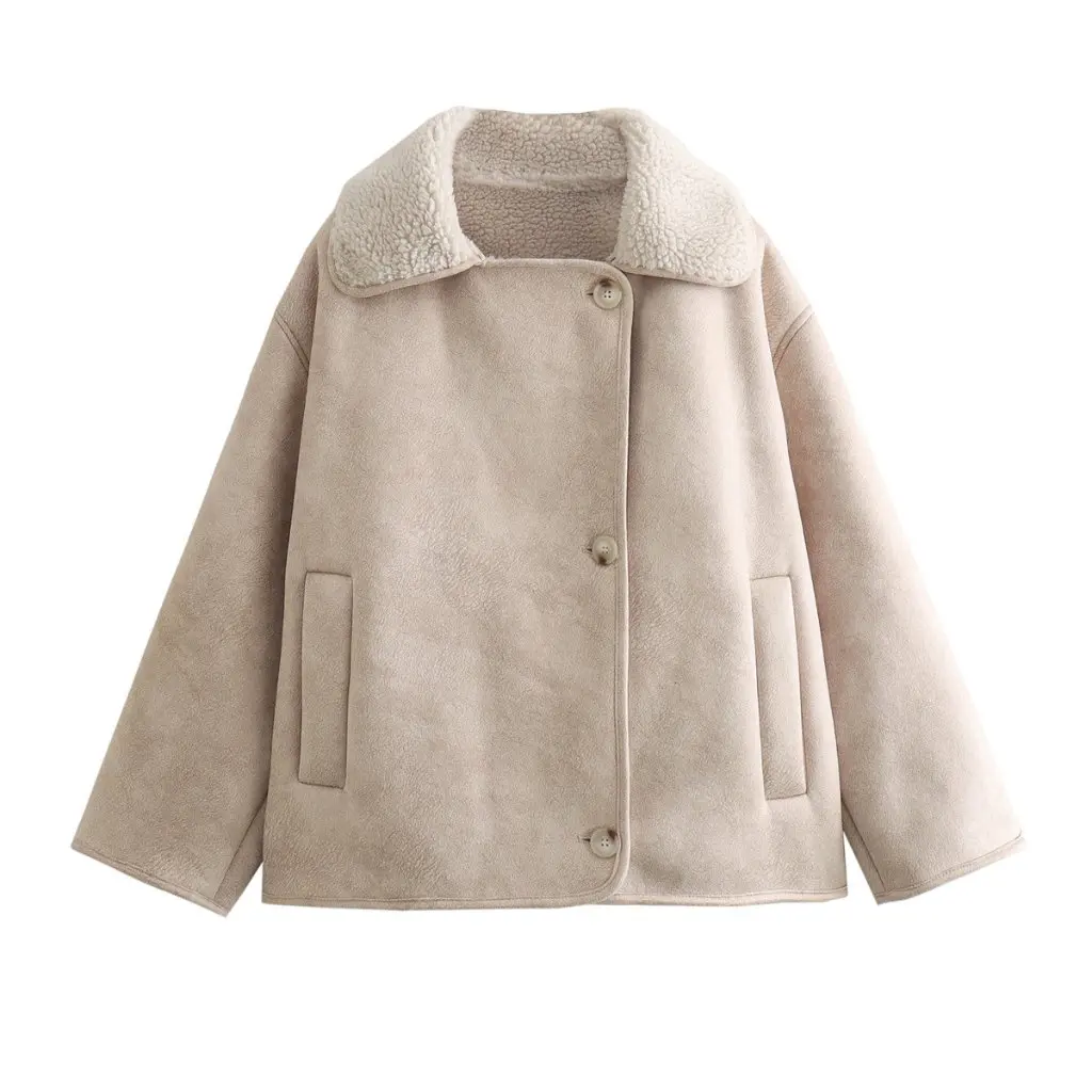 

Women's plus Size Suede Fleece-Lined Lapel Jacket Autumn Winter Casual Loose Fit European American Style