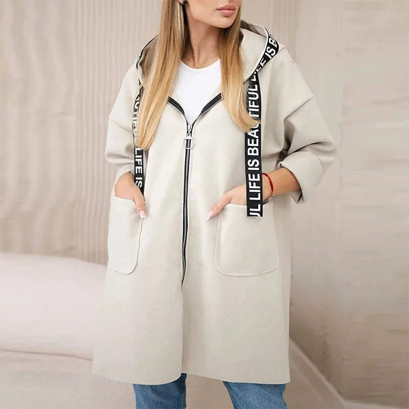 カジュアル長袖冬フード付きジャケット秋エレガントなレタースプライシングルーズアウターコート女性ファッションジップウールポケットソリッドコート