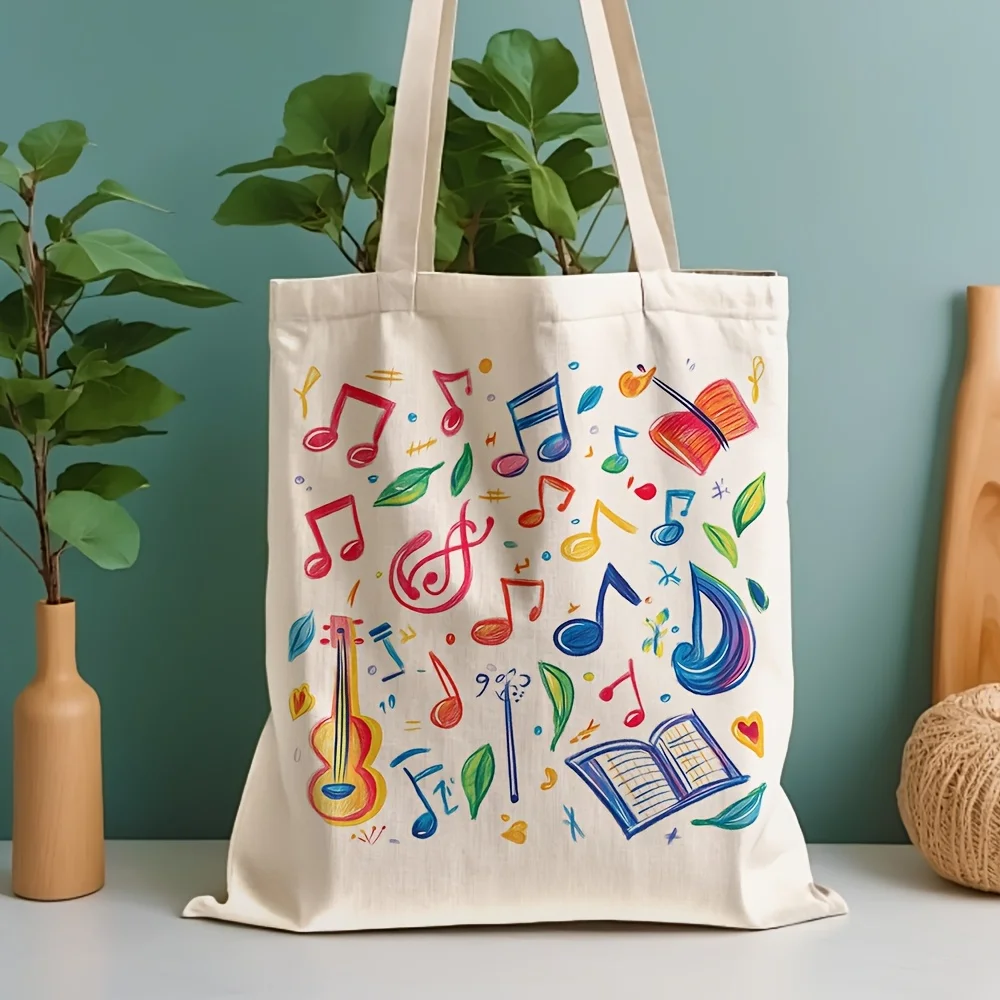A Bright Musical Instruments and Note Design Print Canvas Tote Bag, Suitable for Daily Use, Shopping, School, and Travel