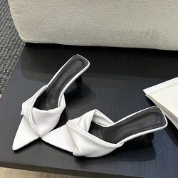 Liyke 2024 Summer Low Thin High Heels Women Slippers Fashion Pleated Leather Slip On Ladies Outdoor Dress Sandals Slides Shoes