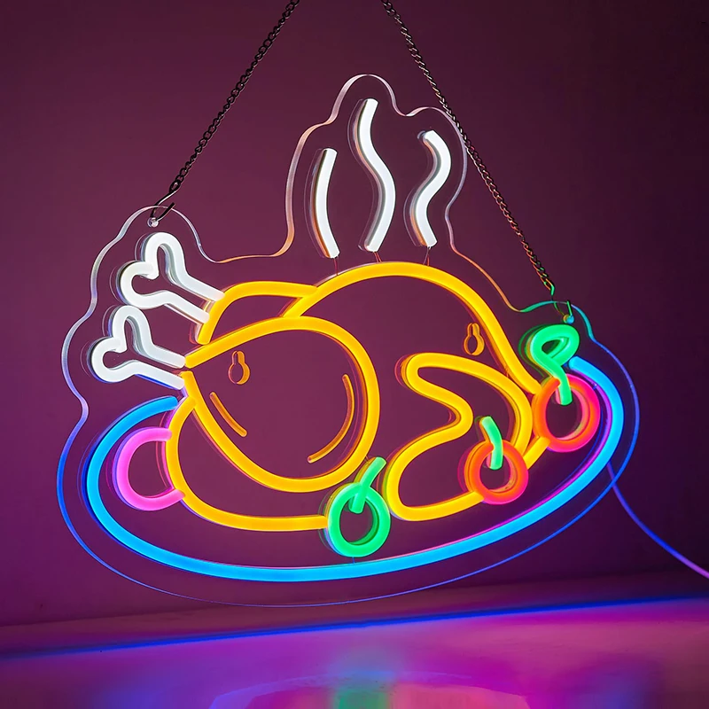 

Grilled Chicken LED Neon Sign for Wall Decor Roast Chicken Shop USB Power Dimmable Switch for Thanksgiving Party Flame Art Decor