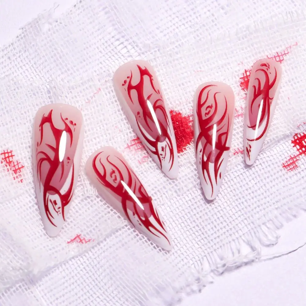 24 pçs manicure longa amêndoa unhas falsas bailarina stiletto falso nials destacável chama vermelha dicas de unhas francesas diy