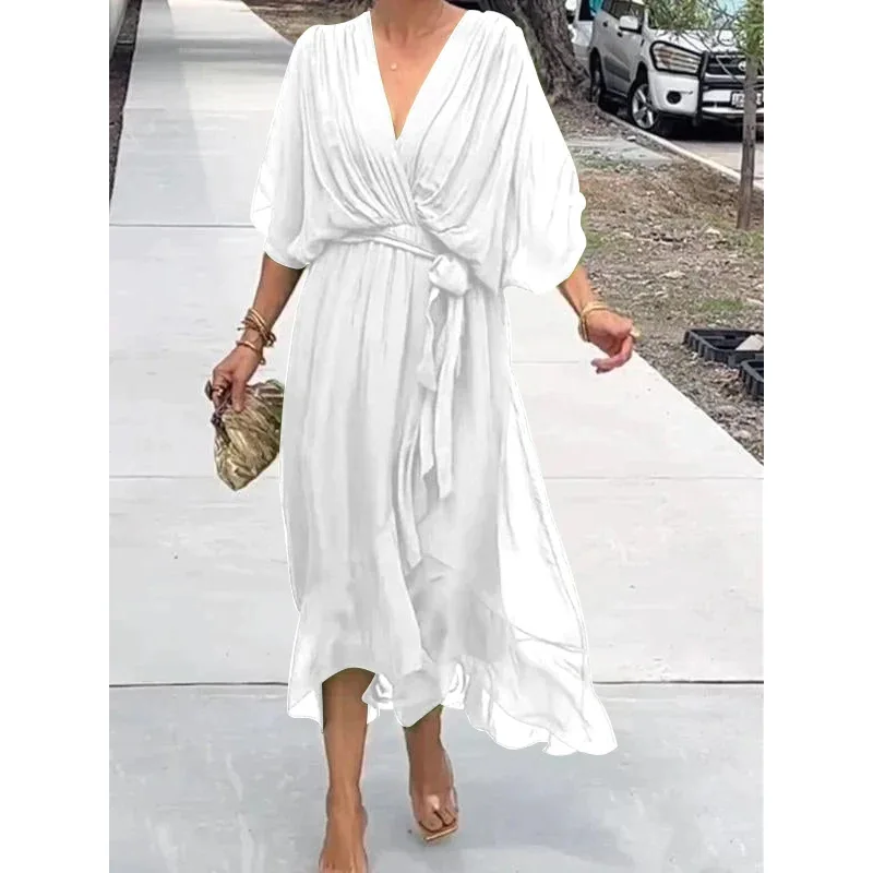 Women\'s Elegant Solid Chiffon Lace-up Bat Sleeve Long Dresses 2025 Spring Summer New Female Loose Casual Irregular V-neck Dress