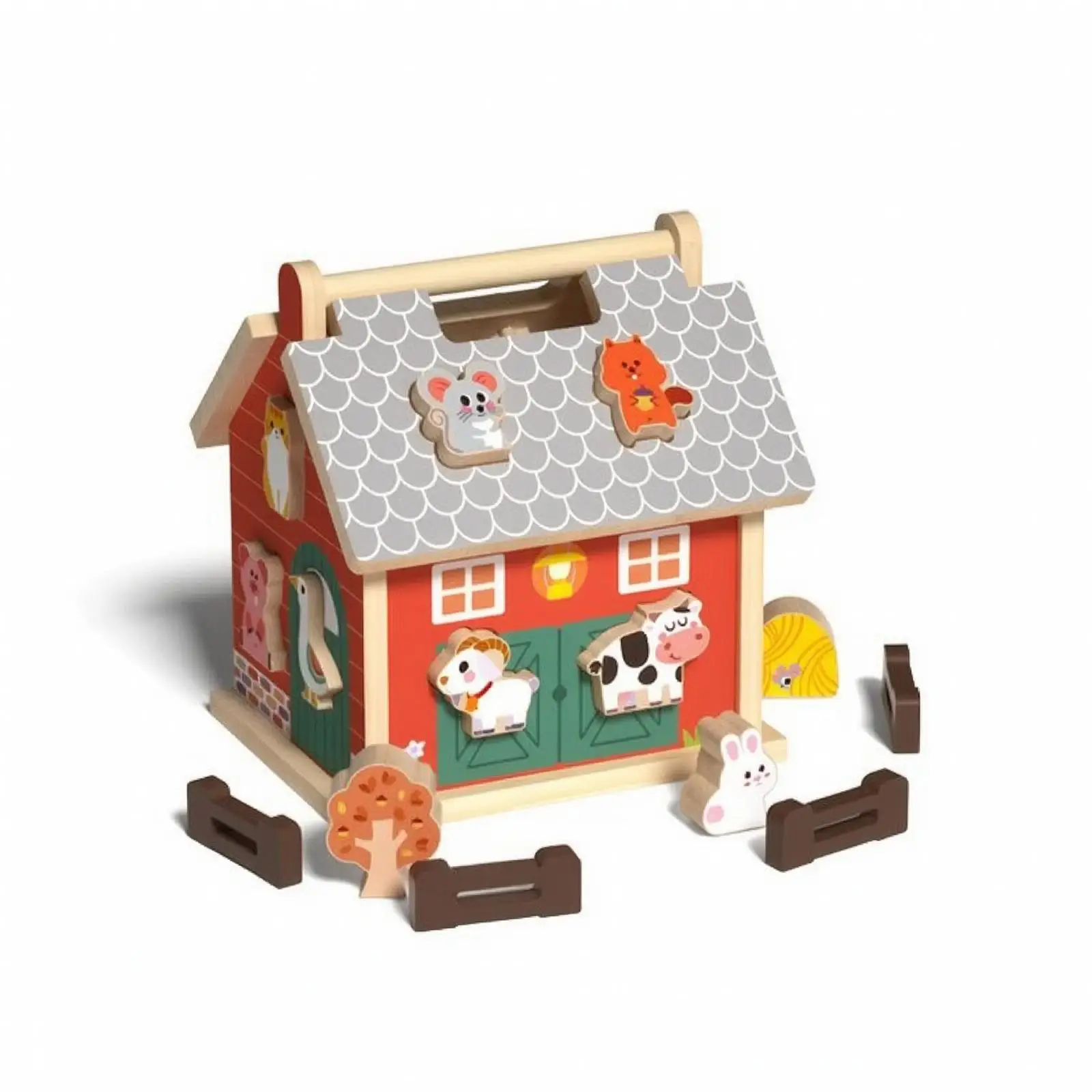 農家パズルおもちゃ-連動式木製住宅パズル-多色ゲーム-幼児、子供、プレイルーム向け