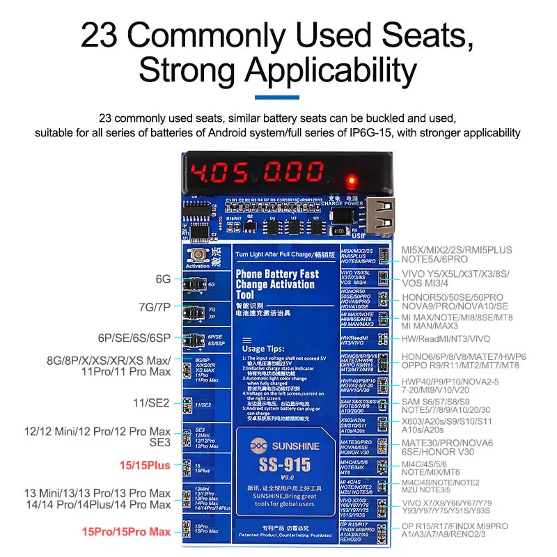 SUNSHINE SS-915 V9.0 batterie carte d'activation de charge rapide fixation de Test pour téléphone portable Android IPhone 15/Pro/Max