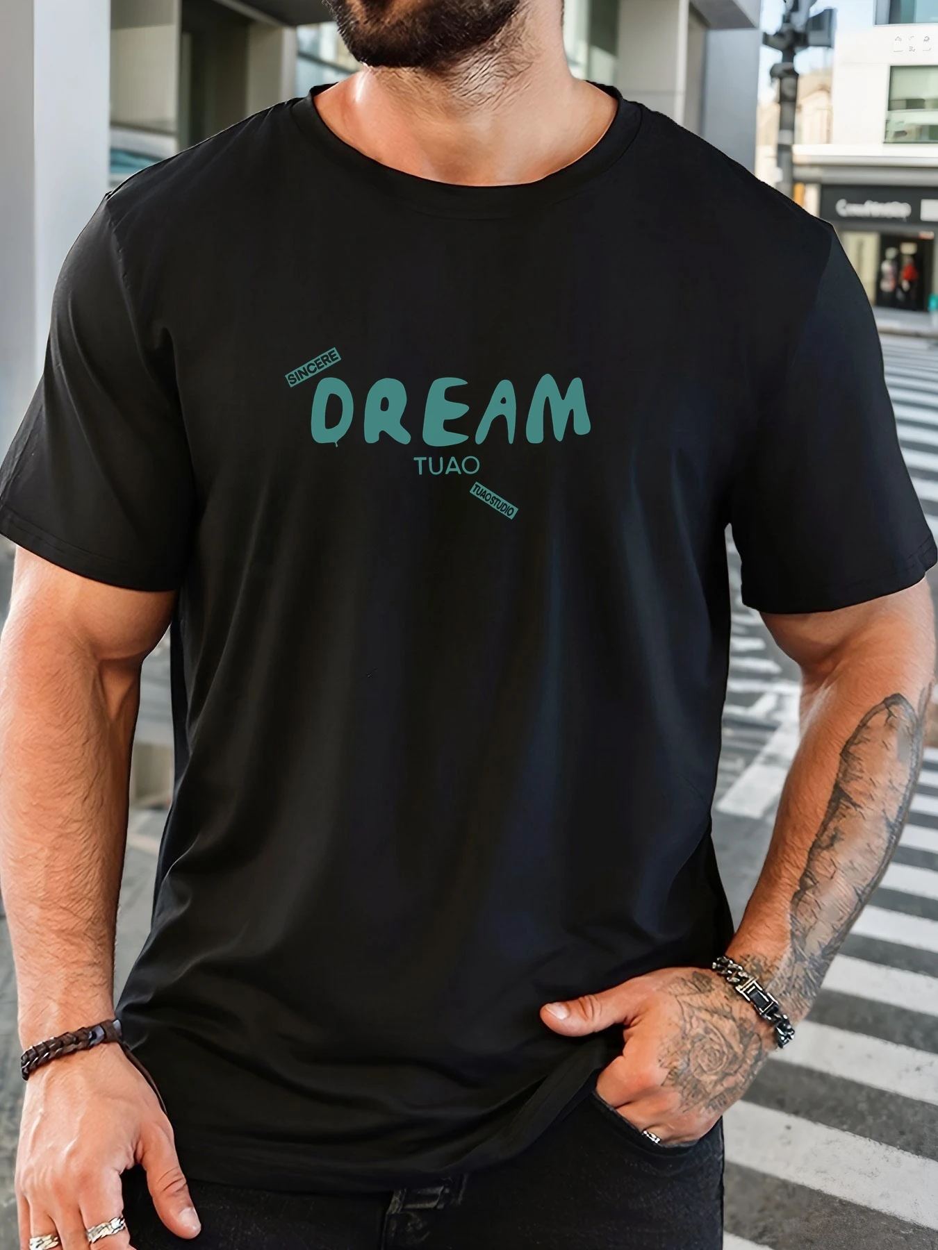 

Pop Men's 100% Cotton Printed T-Shirt DREAM Pattern Summer Casual Oversized Round Neck Short Sleeve Comfortable Daily Wear Tee