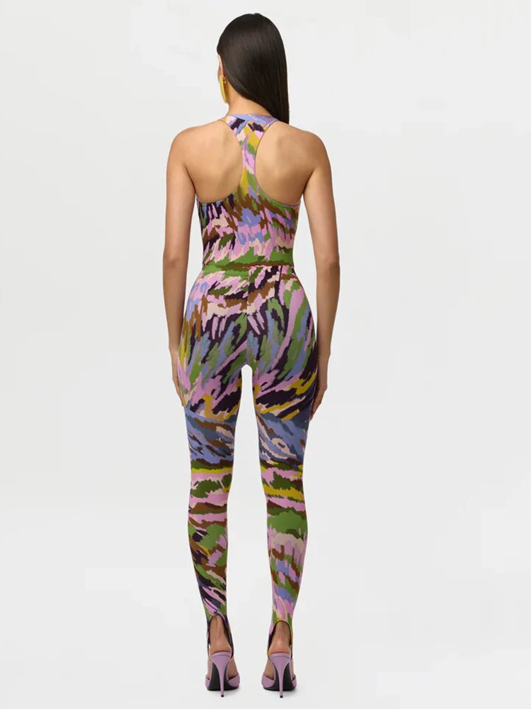 

Sisterlinda Backless 2 Piece Set Woman Colorful Print Square Collar Sleevless Bodysuit+Skinny Pants High Street Fashion Suit