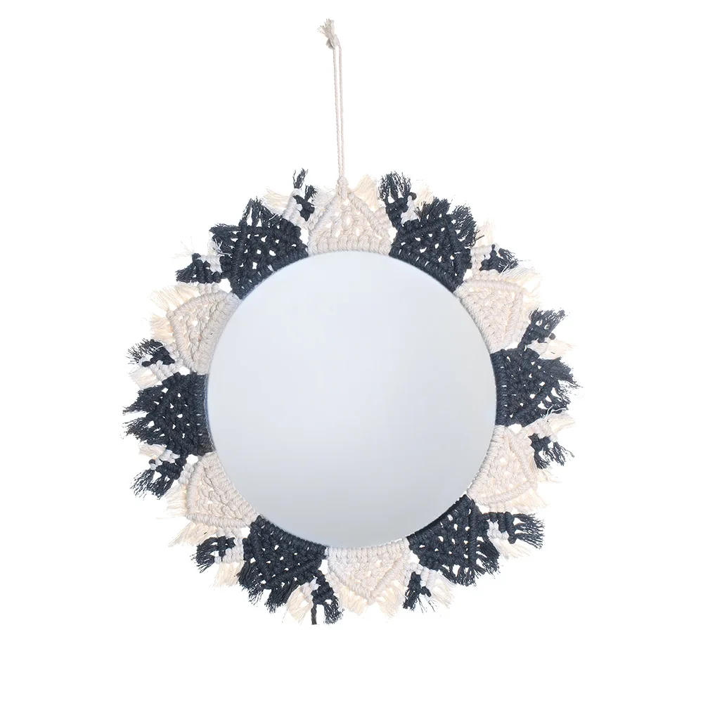 Ins Cotton Threading Dark Round Mirror Bohemian Woven Handmade Decorative Mirror Black And White Tapestry Bedroom Wall Hanging