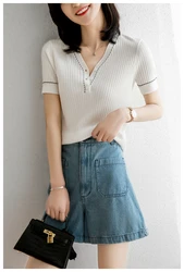 Women New 100% Cotton Short-sleeved T-shirt Sweater V-neck Contrasting Colors Pullover Tees Summer Knitted Bottoming Tops