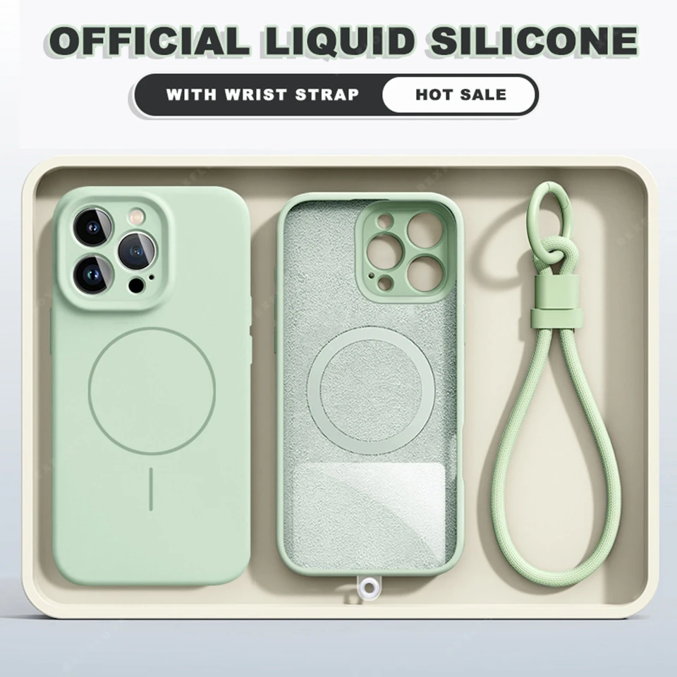 

Lanyard Magnetic Liquid Silicone Phone Case For iPhone 16E 15 14 16 Plus 11 12 13 16 Pro Max Magsafe Wrist Strap Protector Cover