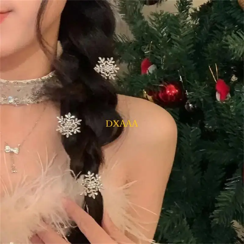 DXAA 6Pcs Christmas Charm Rhinestones Snowflake Hairpin Pearls Accent For Gift Giving