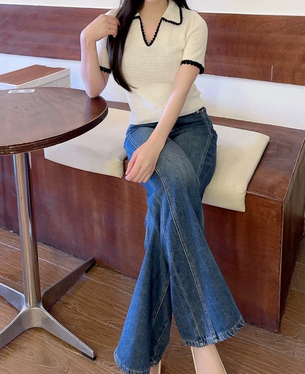 

Ethereal costume 2026 MD YAZHIMEI spring new style of Little fragrance style lady crochet Polo collar short-sleeved knitwear