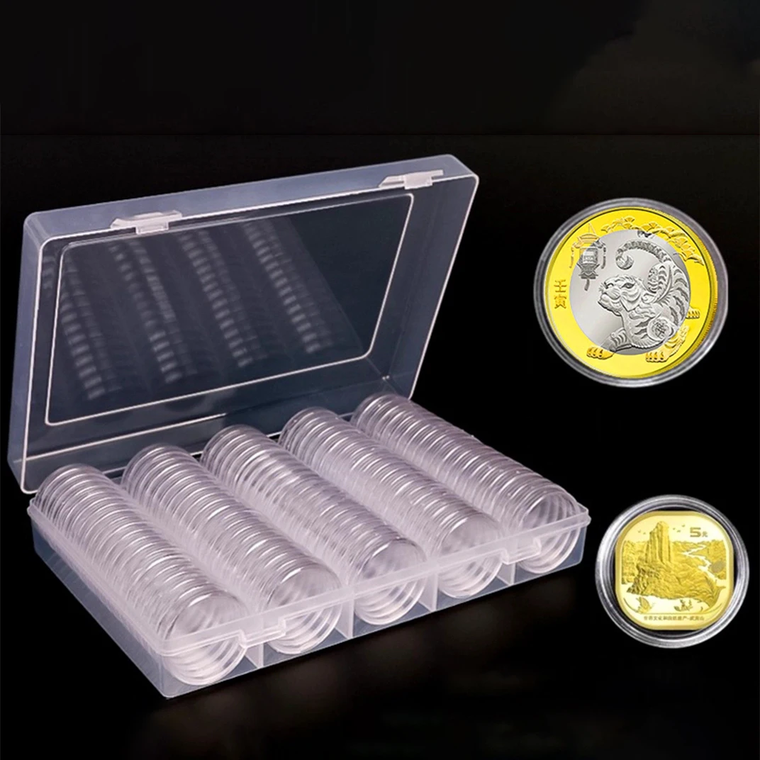 Porta-cápsulas de moedas transparentes, caixa de armazenamento colecionável, moeda comemorativa, controle de medalhas, 25mm, 27mm, 30mm, 100pcs