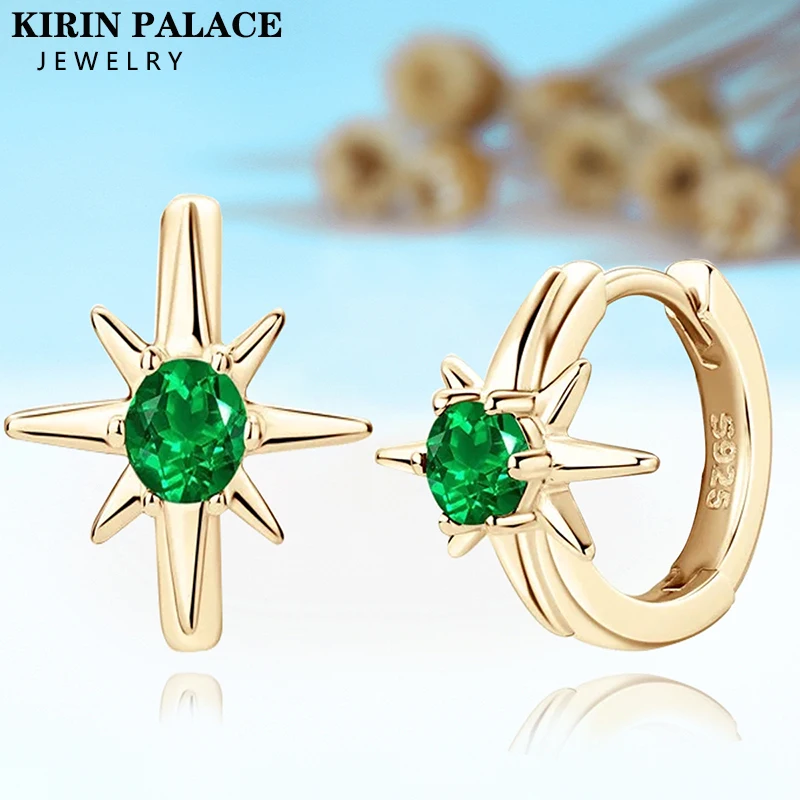 4MM Vintage Star Designer Emerald 925 Sterling Silver Hoop Earrings Hypoallergenic 18K Gold Plated Women Fine Jewelry