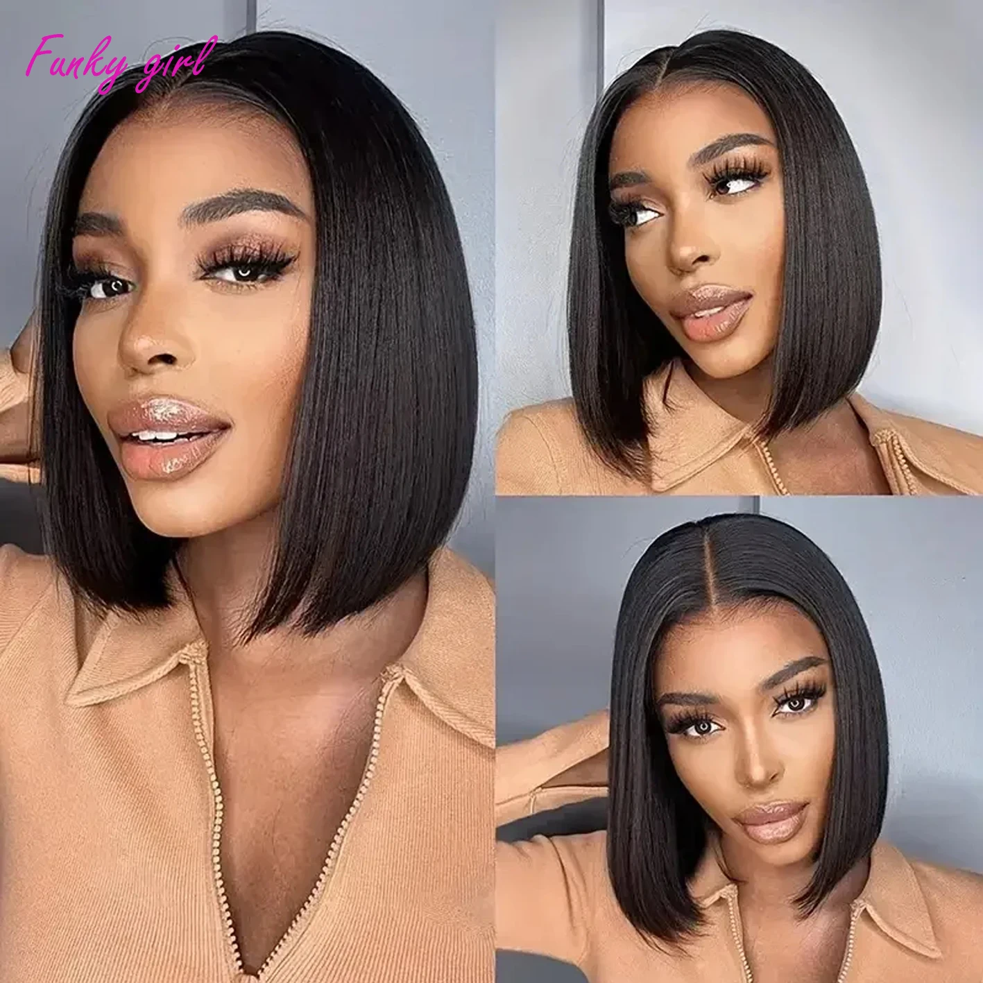 Perruque Bob Lace Closure Wig Naturelle Sans Colle, Cheveux Lisses, 4x4, Prêt à vitation, Transprent, Bon Marché, pour Femme