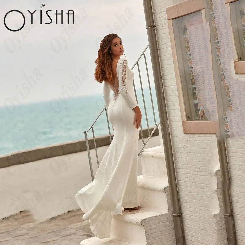 OYISHA Mermaid Full Sleeves Wedding Dresses Simple Satin Scoop Appliques Bridal Gowns Lace Gorgeous Backless Vestido De Mariages