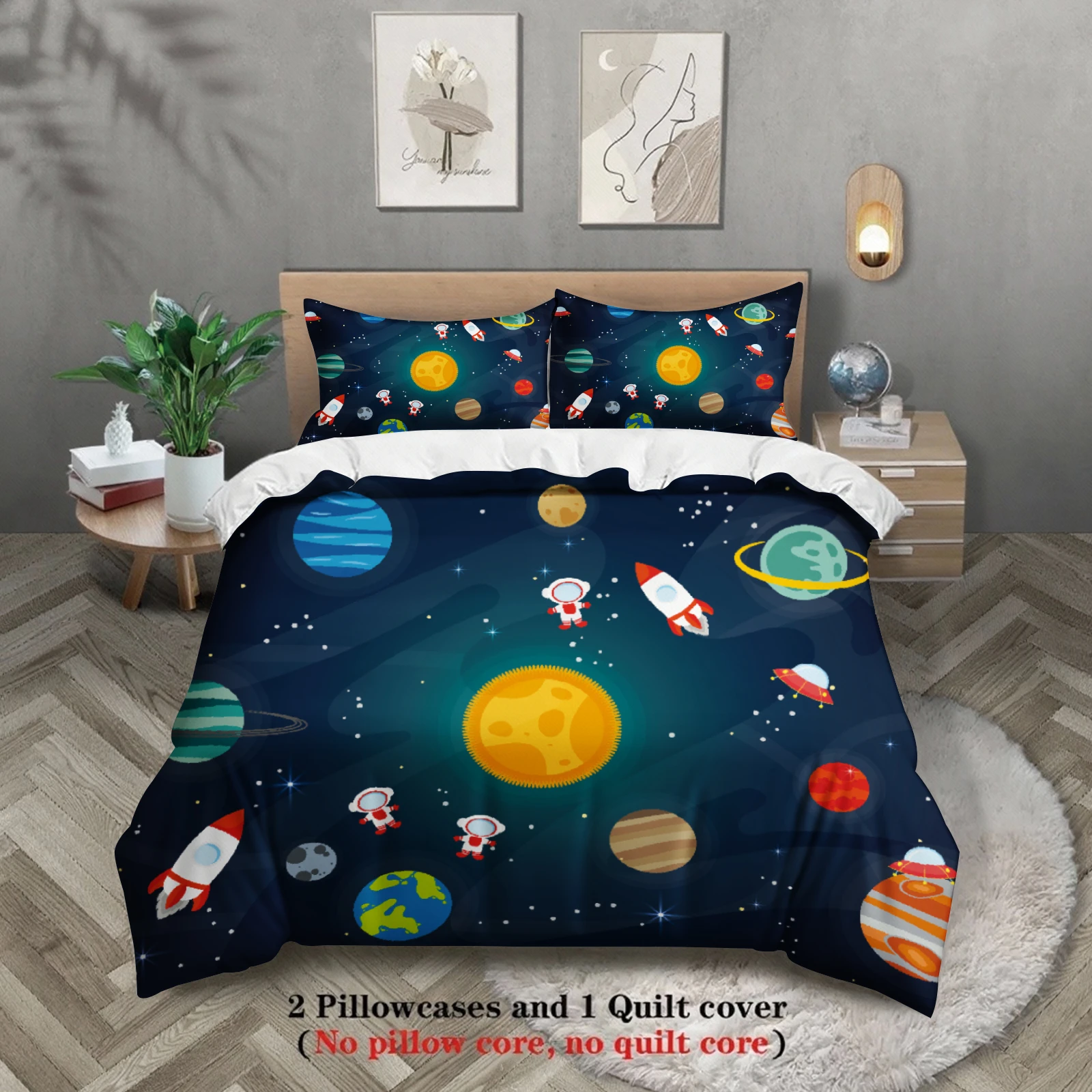3pcs Space Theme Bedding Sets Dormitory For Students Teen 3D Printed Planets And Rockets Duvet Cover Sets With Pillowcases