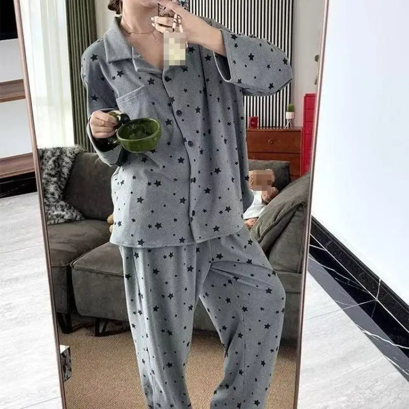 Women's Long Sleeve Long Pants Pajama Set Women's Spring Autumn Cardigan Home Clothes Sweet Student Fashion Soft Two-Piece Set