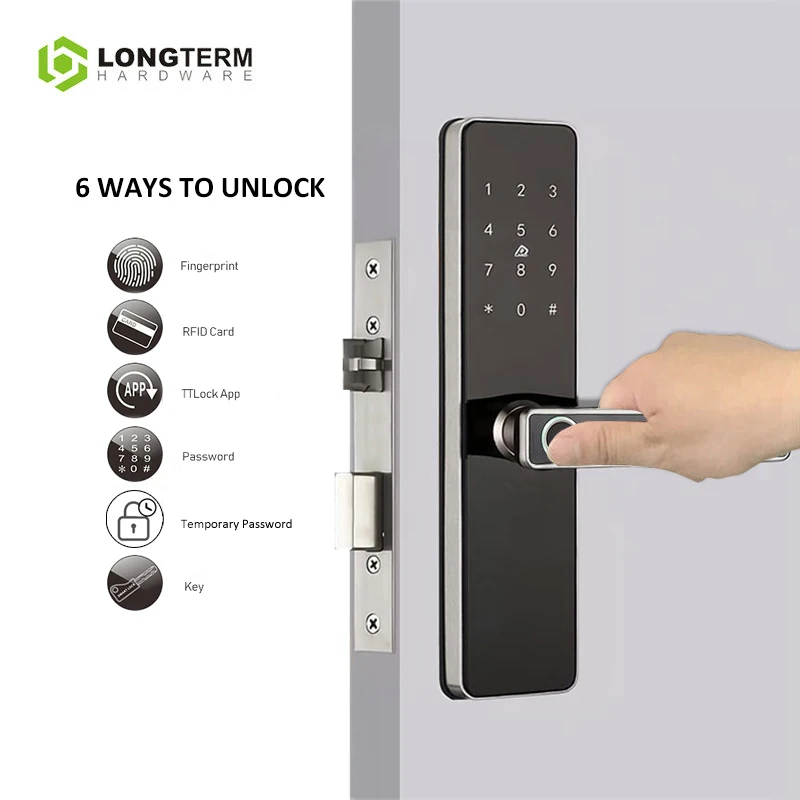 LONGTERM-Smart Home Eletrônico Digital Door Lock, ao ar livre biométrico, alça de impressão digital, trava de segurança, Wi-Fi Smart Lock