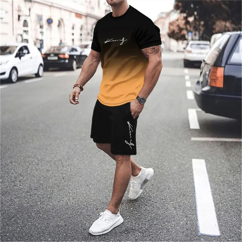 The latest 3D gradient T-shirt and shorts set men\'s short sleeved O-neck top casual and fashionable skateboarding sportswear set