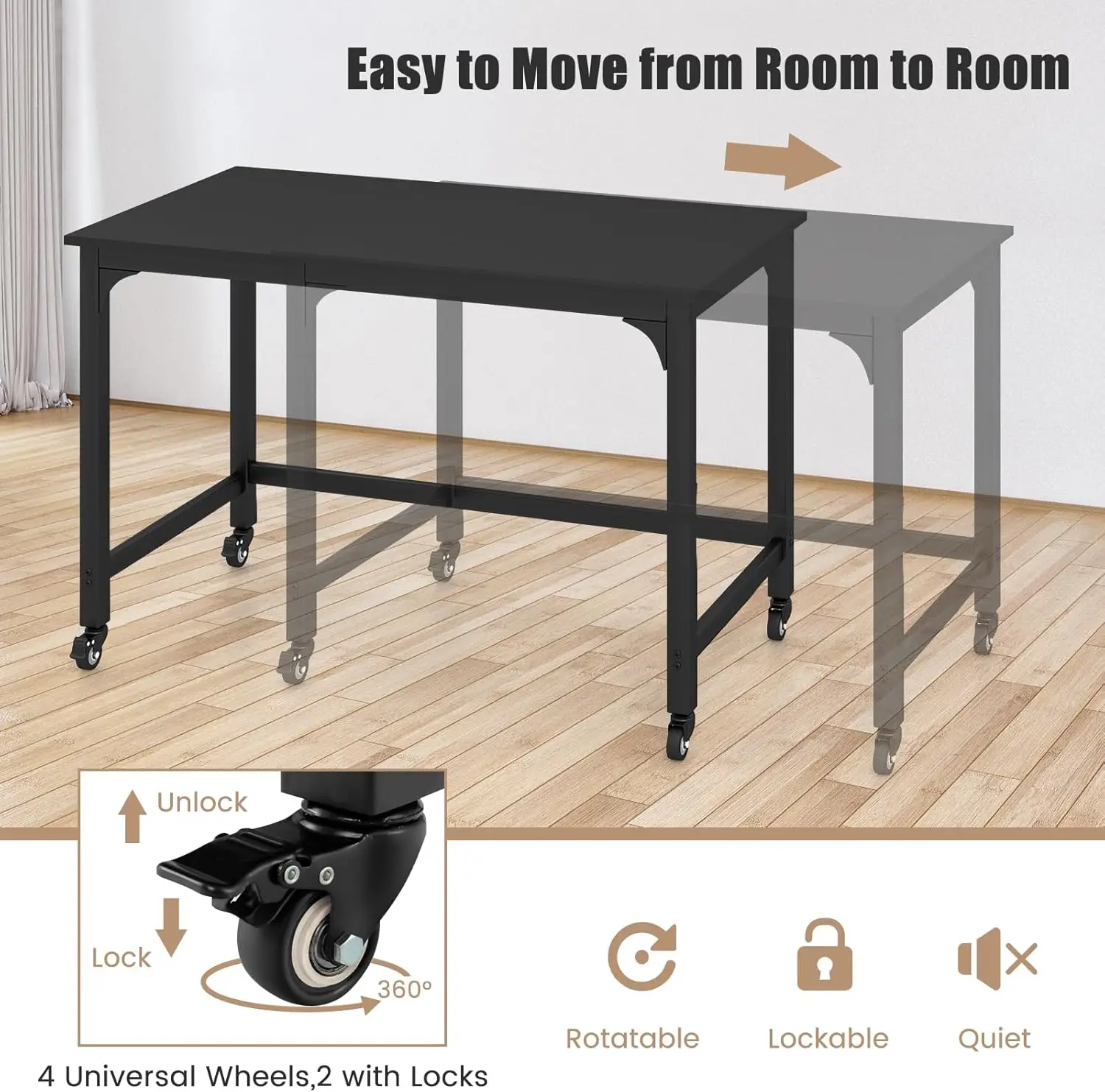 48' Mobile Computer Desk, Rolling Laptop Table with Lockable Wheels, Metal Frame, Black