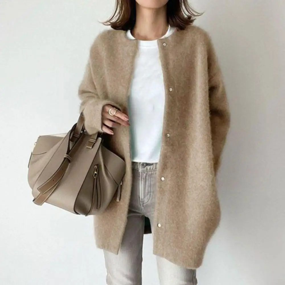 Women Coat Single-breasted Solid Color Long Sleeves Loose Knitted Lady Coat Keep Warm Sweaters Thick Women Coat Women Clothing