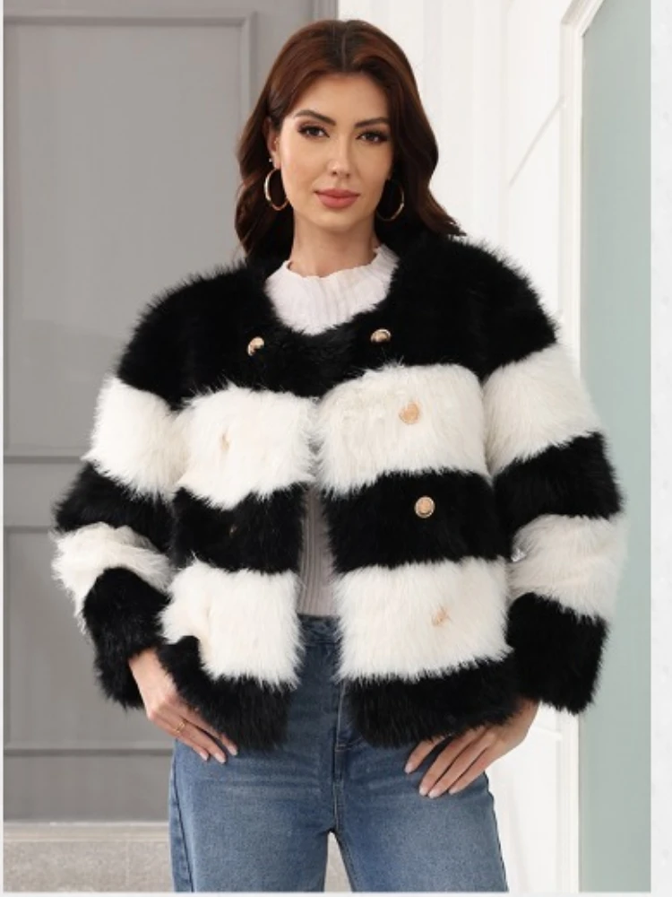 Women's Red and White Black and White Two-color Splicing  Imitation Fur Coat Fur Coat Winter New Elegant Temperament Yangqi