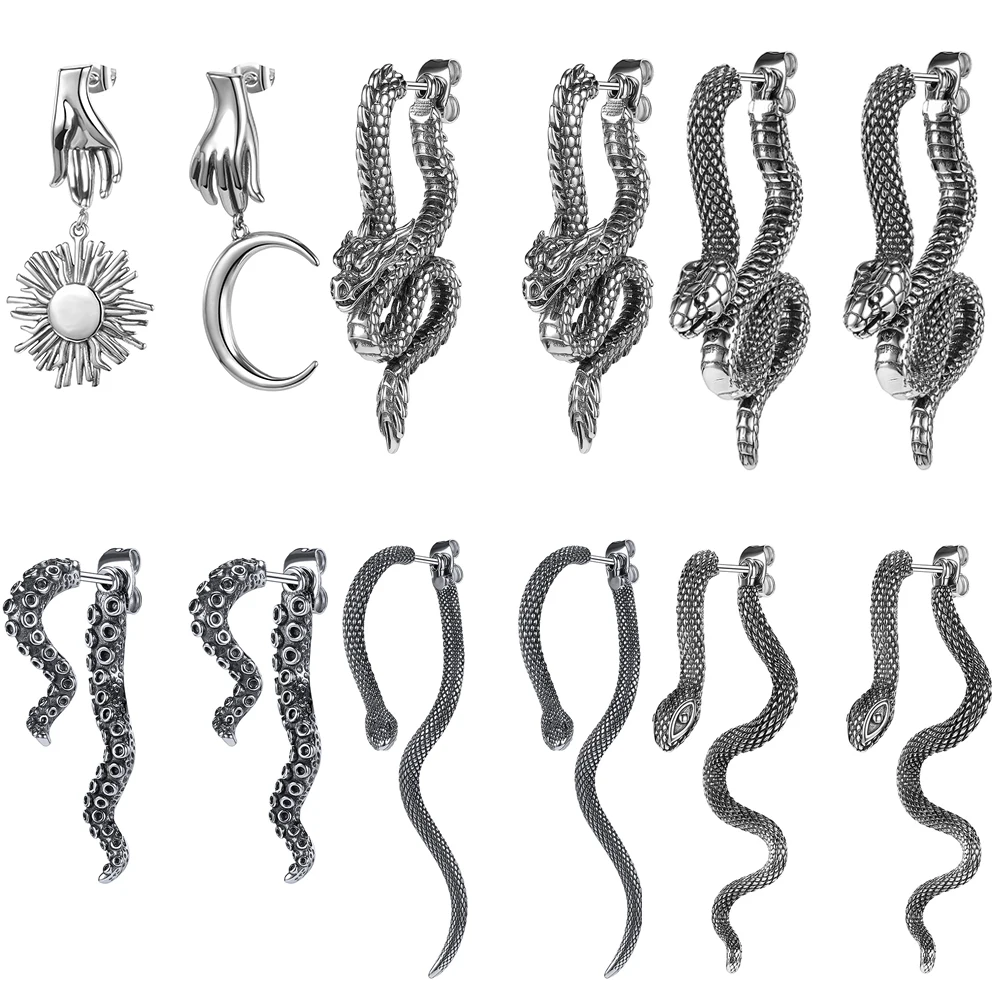 ZS 2PCS Snake Stud Earrings Drop Dragon Ear Studs Stainless Steel Punk Rock Long Octopus Earring Men Gothic Ear Snake Jewelry