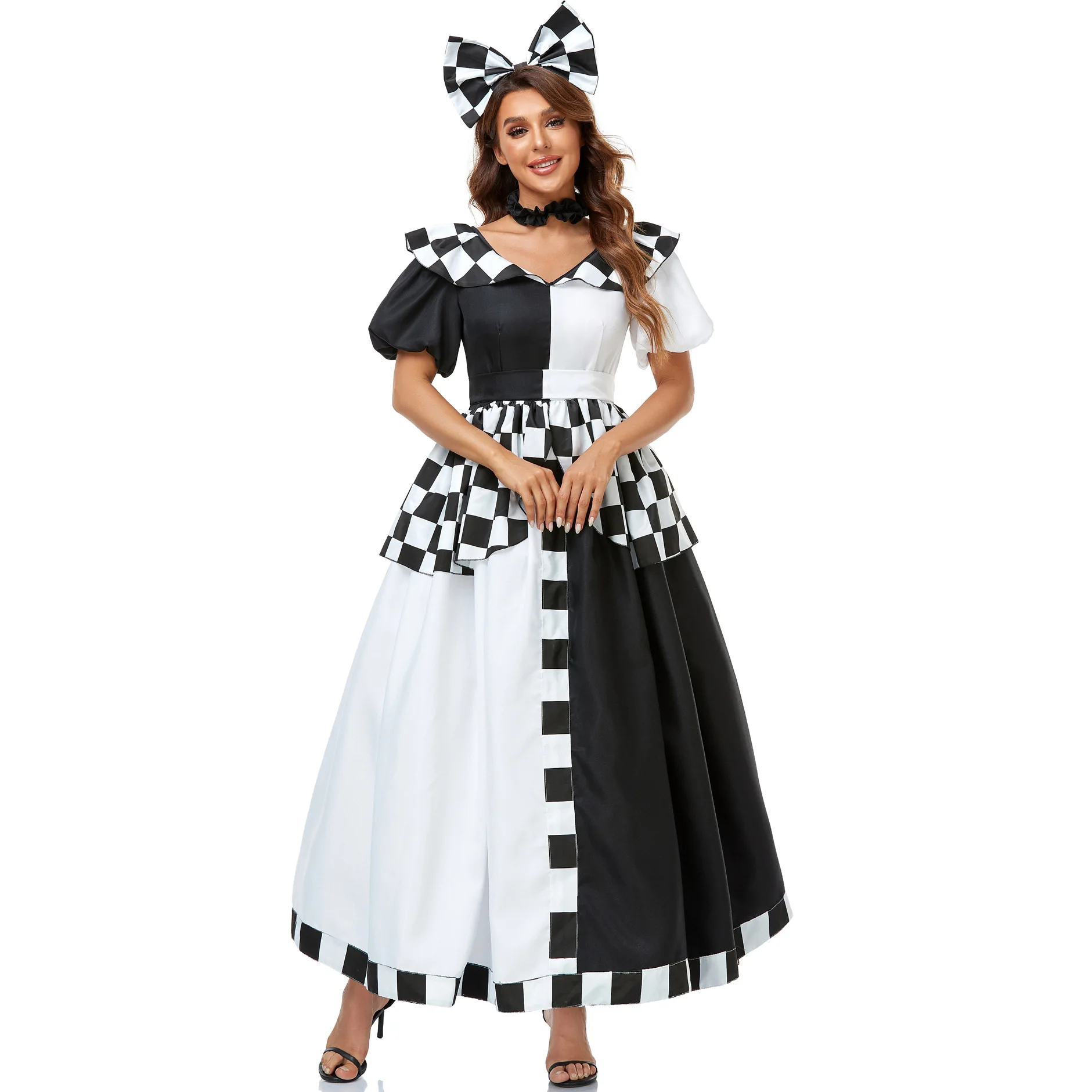 

Alice In Wonderland Queen Of Hearts Cosplay Chessboard Grid Printi Wide Neck Fluffy Sleeve Dress Women Halloween Lolita Costume