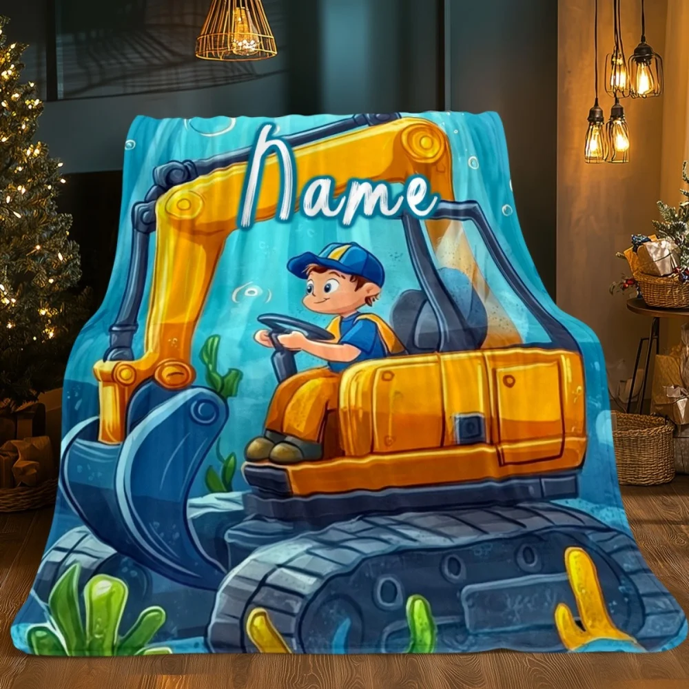1Pc Personalized Custom Name/Text Excavator Design Flannel Blanket, Soft and Comfortable,Suitable for Office,Home,Unique Present