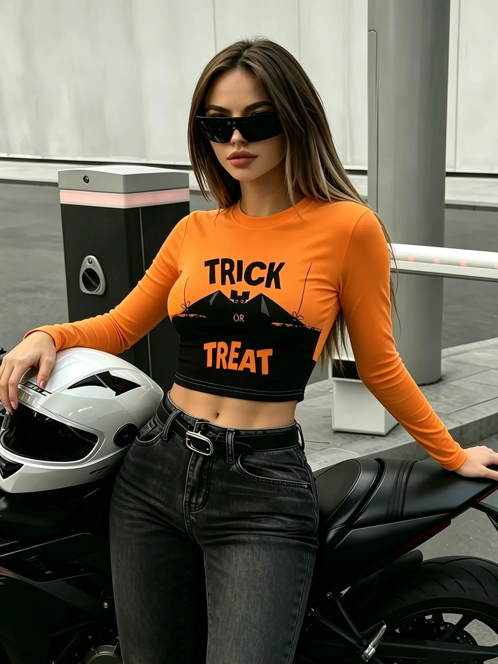2026 Spring and Autumn Personalized Print Long-sleeved Short Trendy Women's Cool Riding Motorcycle Personalized Sports T-shirt