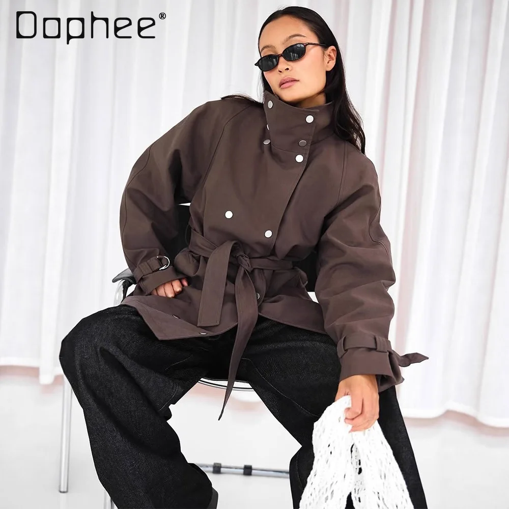 

French Style Simple Double-Breasted Lace-Up Slim Fit Trench Coat Women Commuting Fashion Turn-Down Collar Loose Casual Coat