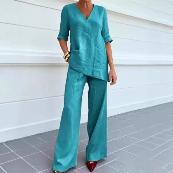 2026 Summer New Fashionable Cotton Linen Solid Color Elegant Casual Simple Women's Two-Piece Set