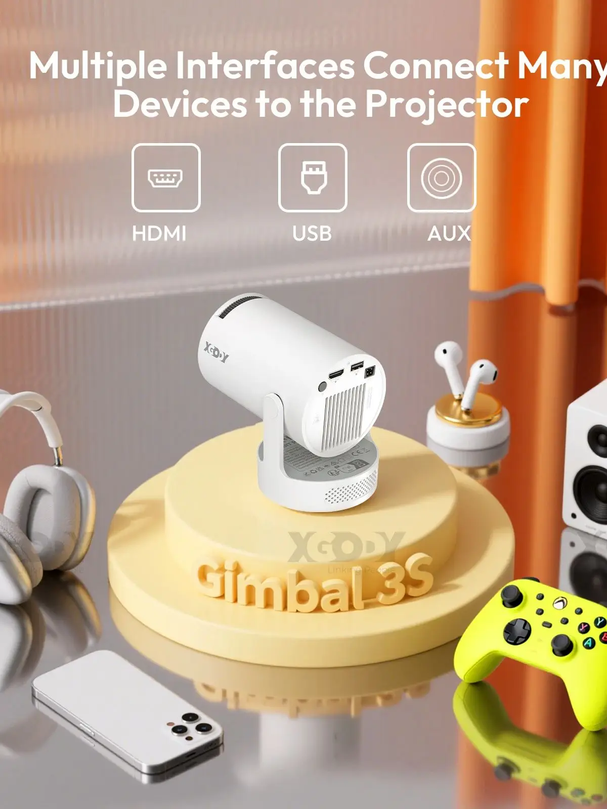 XGODY projecteur cardan 3S courte portée 4K Android 11 250ANSI Wifi6 Mini BT5.4 projecteur natif 720P Home cinéma extérieur Portable