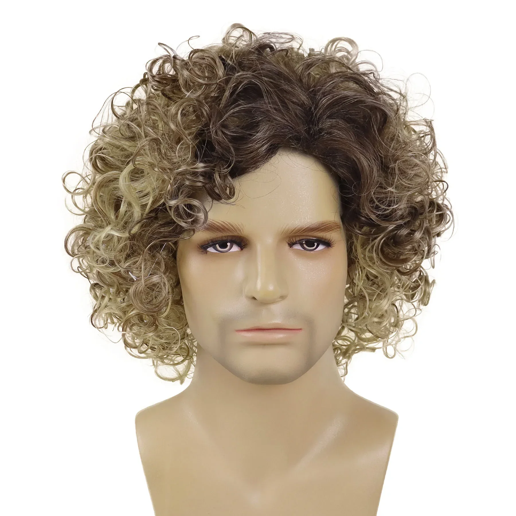 Synthetic Ombre Blonde Short Curly Wig for Men Hair Replacement Wig with Bangs Fashion Thick Curls Wigs Daily Costume Cosplay