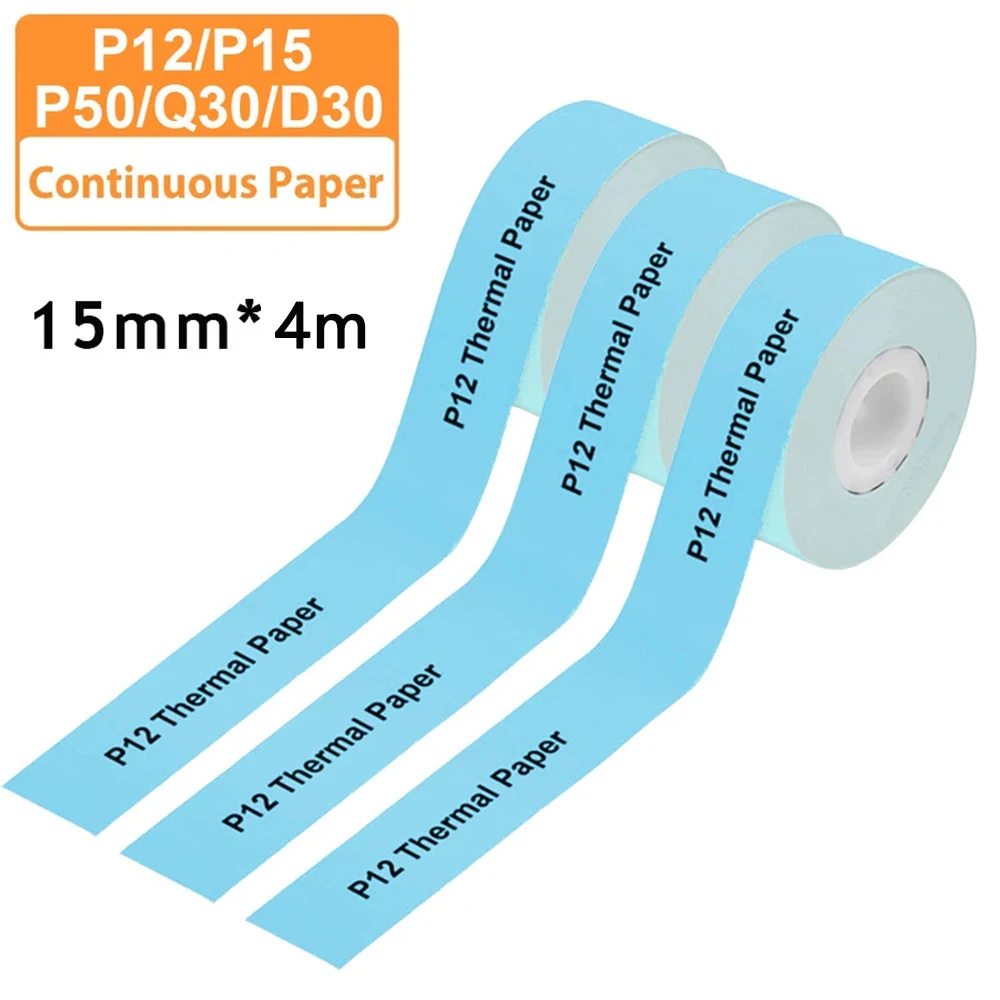 Papier d'étiquettes continu 15mm x 4m, 3 pièces, adapté à l'imprimante P12 P15 Phomemo D30 Q30, autocollant thermique auto-adhésif étanche