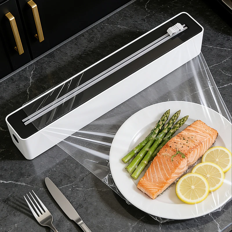 A must-have food packaging cutter for the kitchen, featuring a sliding blade and wall-mountable for refrigerators.