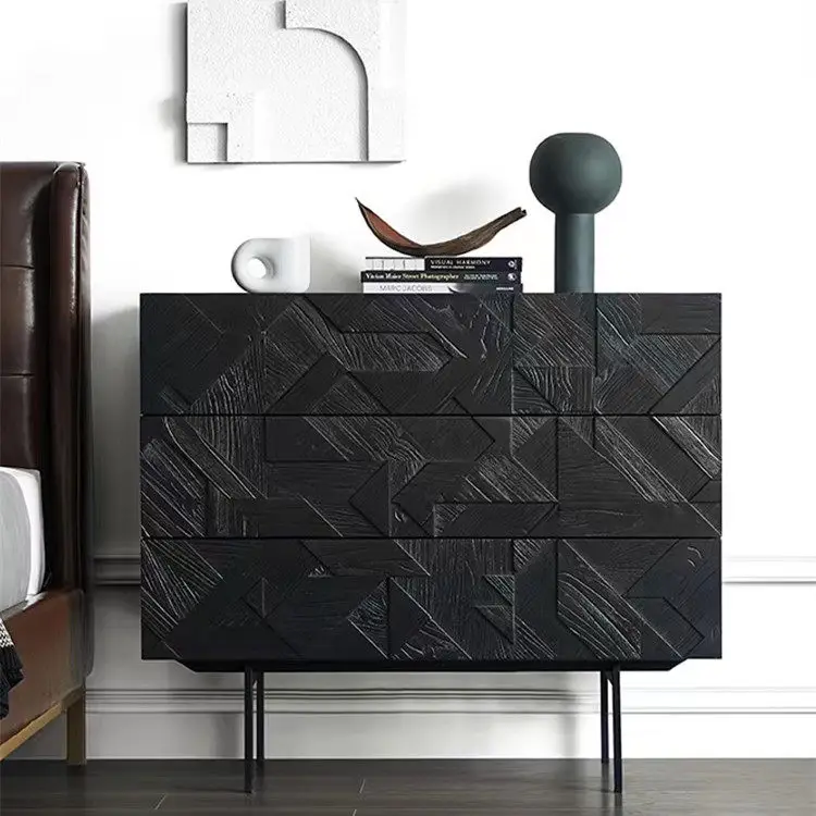 *Simple Modern Black Entrance Cabinet Italian Minimalist High-end Three Drawer Cabinet Living Room Storage Cabinet Side Cabinet