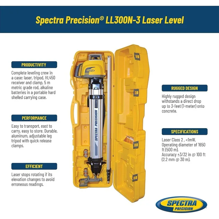 Spectra Precision LL300N-3 Laser Level, Self Leveling Kit with HL450 Receiver, Clamp, 4.7 Meter Grade Rod / Metric and Tripod