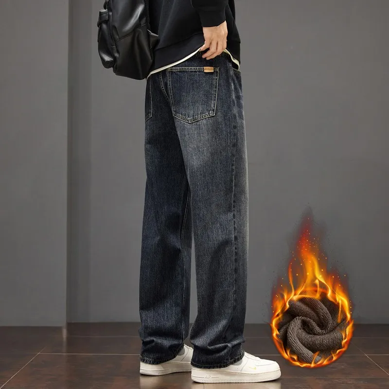 

American Style Loose Straight Leg Men's Jeans Trendy Casual Cotton Denim Pants mid Waist Zipper Fly Multi Pocket Workwear