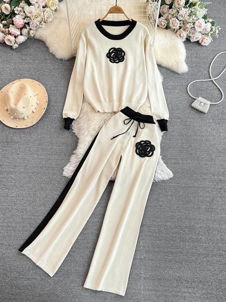 Women's Knitted Tracksuit Suits Autumn New Long Sleeve Flower Pullover Sweater + Wide Leg Pants Casual Two-piece Sets