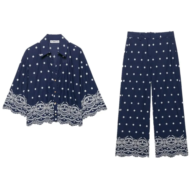 Conjunto de Csa e Calças com Estampa Bordada Casual Faionável Novo Verão 2025 Roupa Fena Poliéster Manga Longa Gola ...