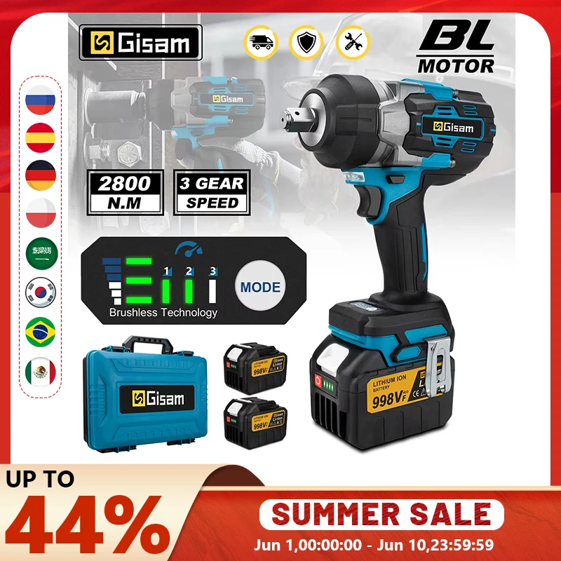 Clé à chocs électrique sans fil Gisam 2800N.M, clé électrique sans fil, tournevis de 1/2 pouce, outil électrique pour batterie Makita 18V