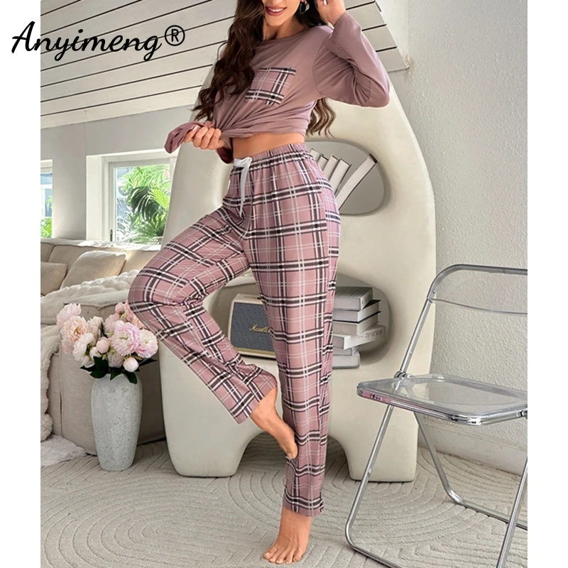 Women Long Sleeved Plaid Pants Pajamas Autumn Winter Woman Homewear Soft Loose Casual Outside Pjs Round Collar Nightwear