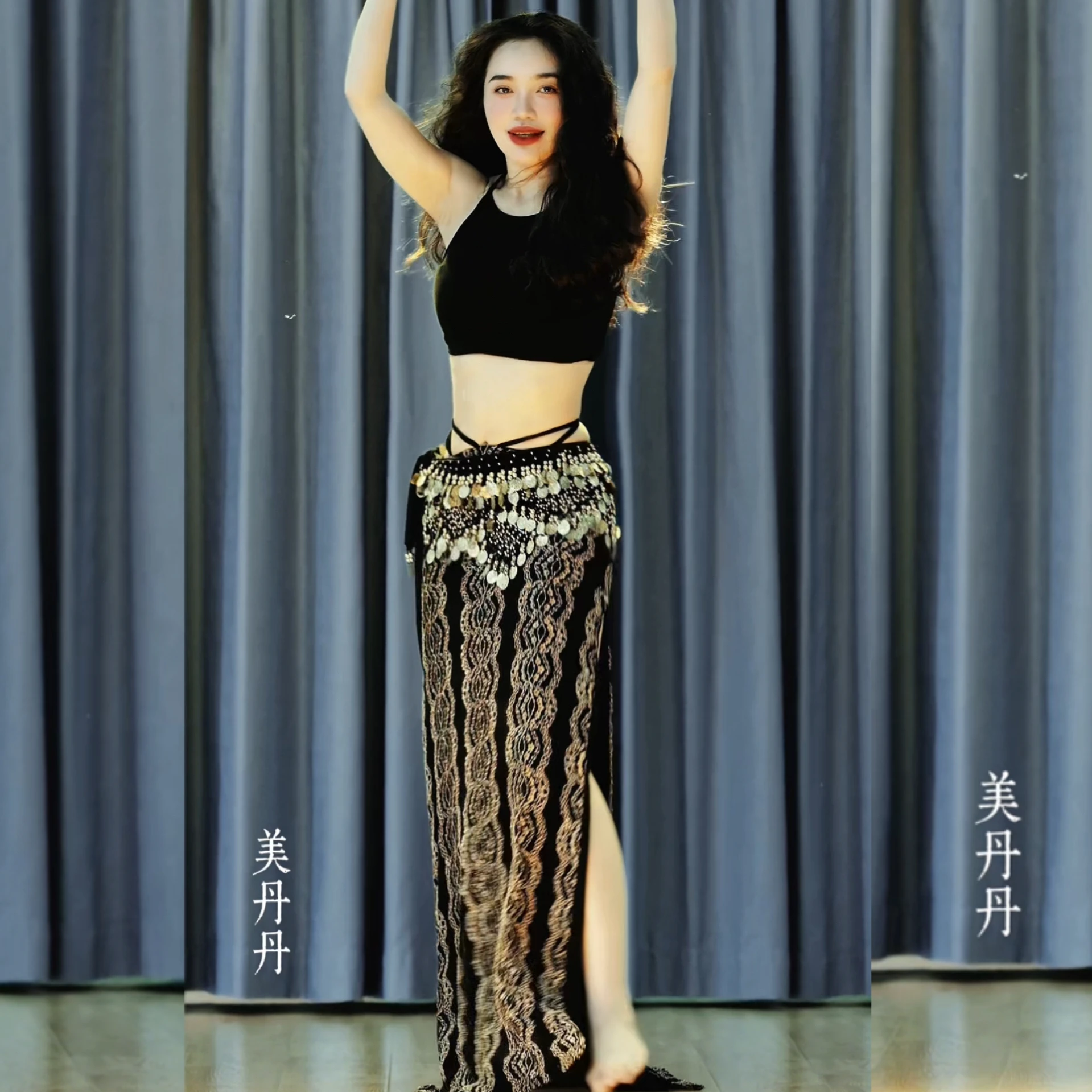 Nowe stroje do ćwiczeń tańca brzucha Czarny top bez rękawów + długa spódnica z rozcięciem 2 szt. Damskie stroje do tańca orientalnego dla dorosłych