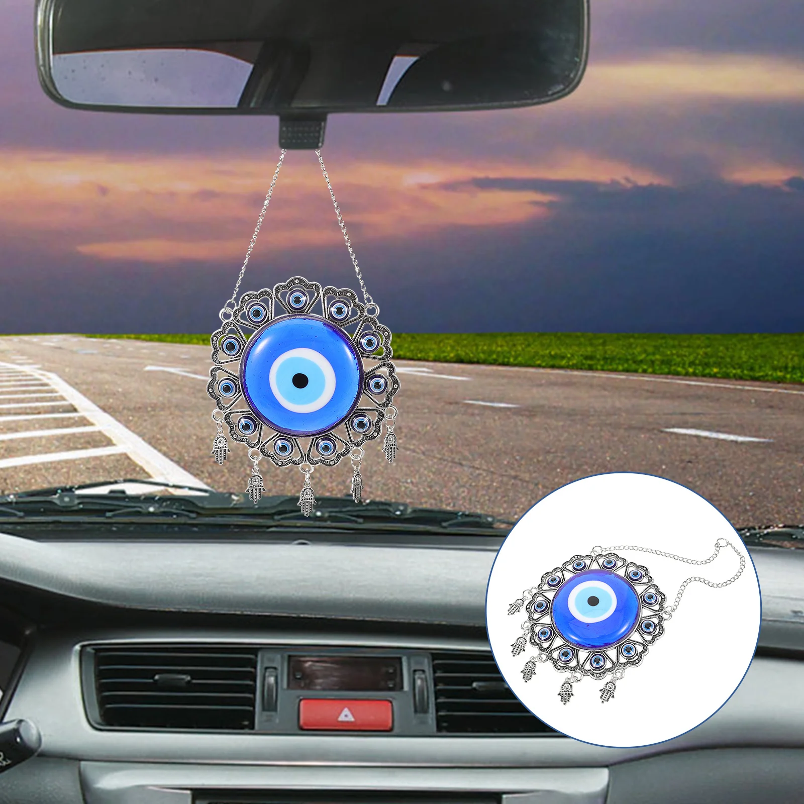 

Blue Turkish Evil Eye Car Hanging Pendant European Vintage Silver Metal Rearview Mirror Decorative Charm Car Accessories