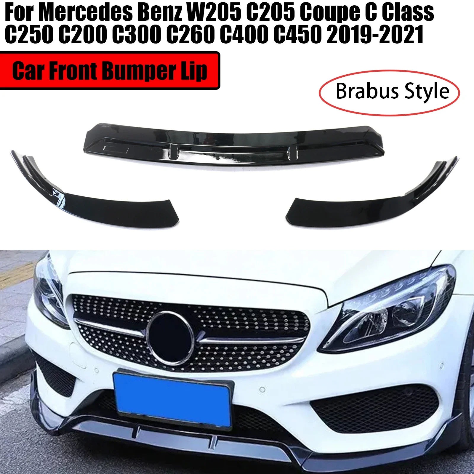 For Mercedes Benz W205 C205 Coupe C Class C300 2019-2021 Car Front Bumper Lip Brabus Style Carbon Fiber Style  Glossy Black