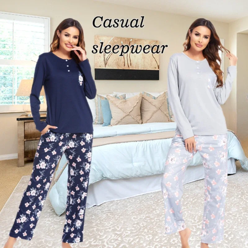 

2024 New Autumn and Winter Women's Loungewear Two-piece Set Long-sleeved Trousers Imitation Cotton Printing Pajamas Set