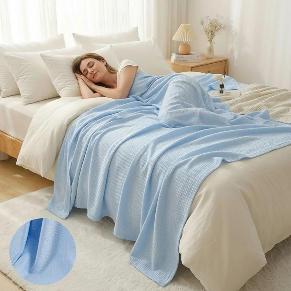 Rhomboid Pattern Summer Cooling Blanket Thin Breathable Air-Conditioning Comforters Bamboo Fiber Solid Color Sofa Throw Blanket