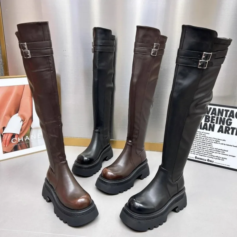 

Knee Over Long Boots Women Autumn and Winter 2025, Retro Round Toe Thick Soled Long Tube Boots, Thick Heel, Zipper Elastic Boots